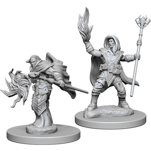 Two unpainted Nolzur's Elf Male Wizard miniatures casting spells, one holding a staff