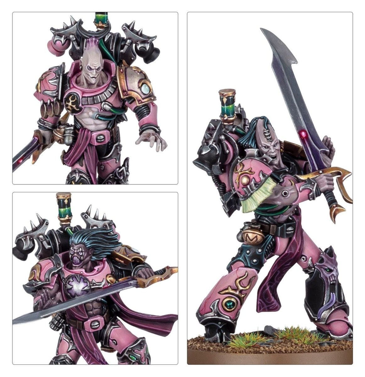 Close-ups of painted Flawless Blades faces, flowing hair and a raised long sword