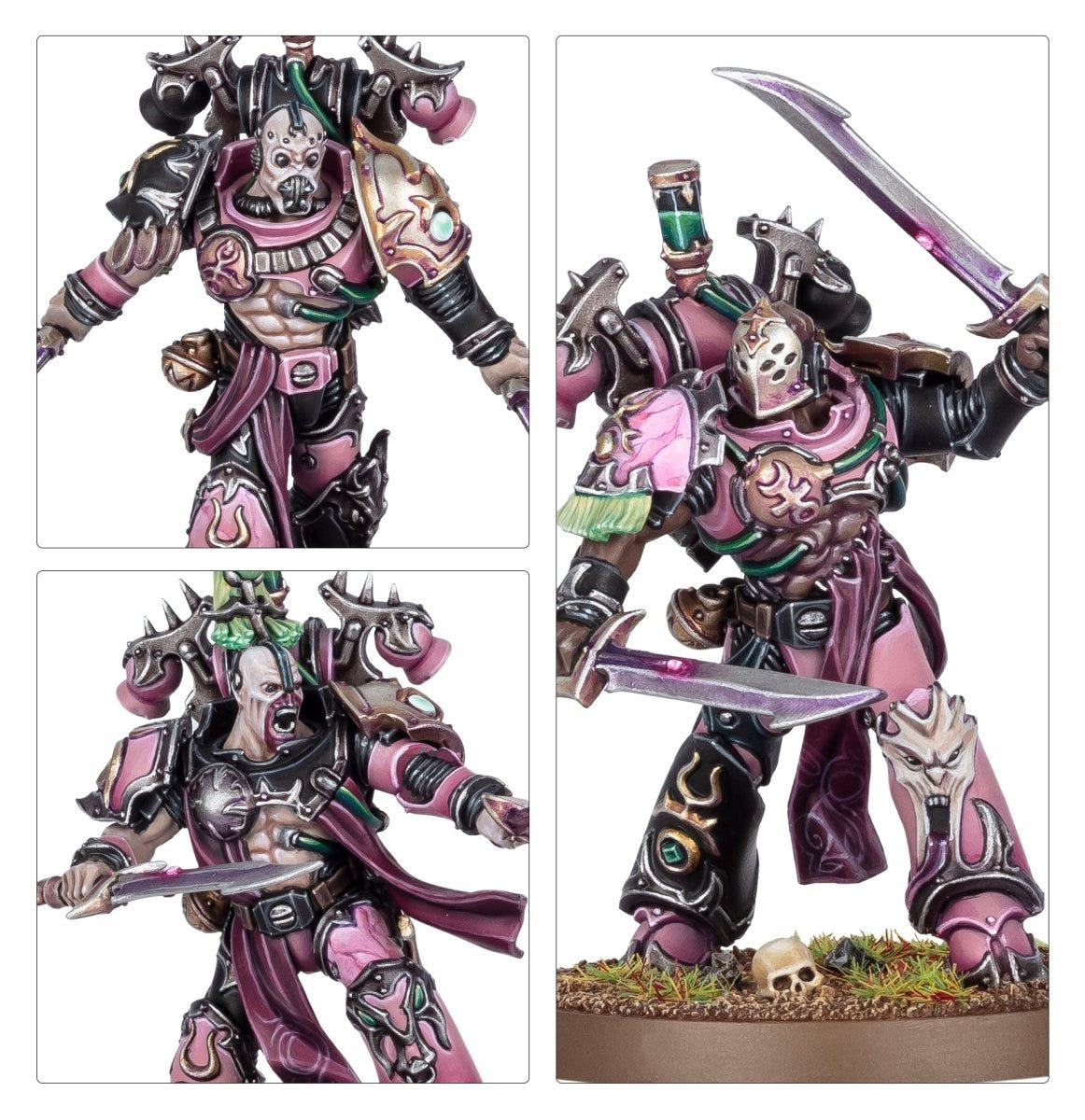 Detail shots of Flawless Blades chest armour, helmet and blissblades in pink and black