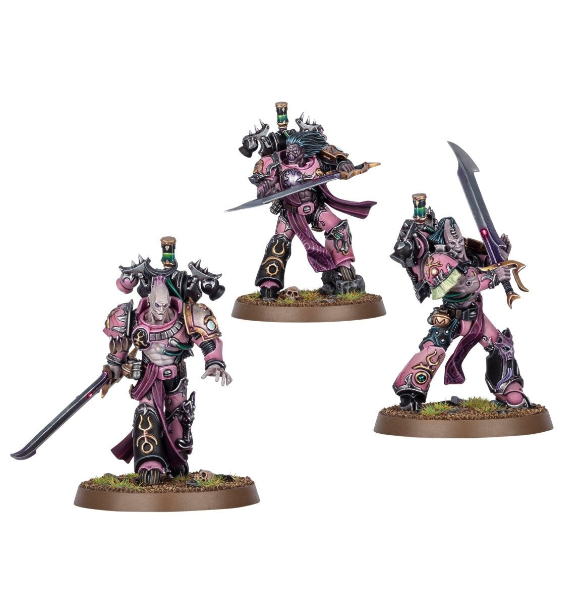 Group shot of three Emperor's Children Flawless Blades on round bases, swords drawn