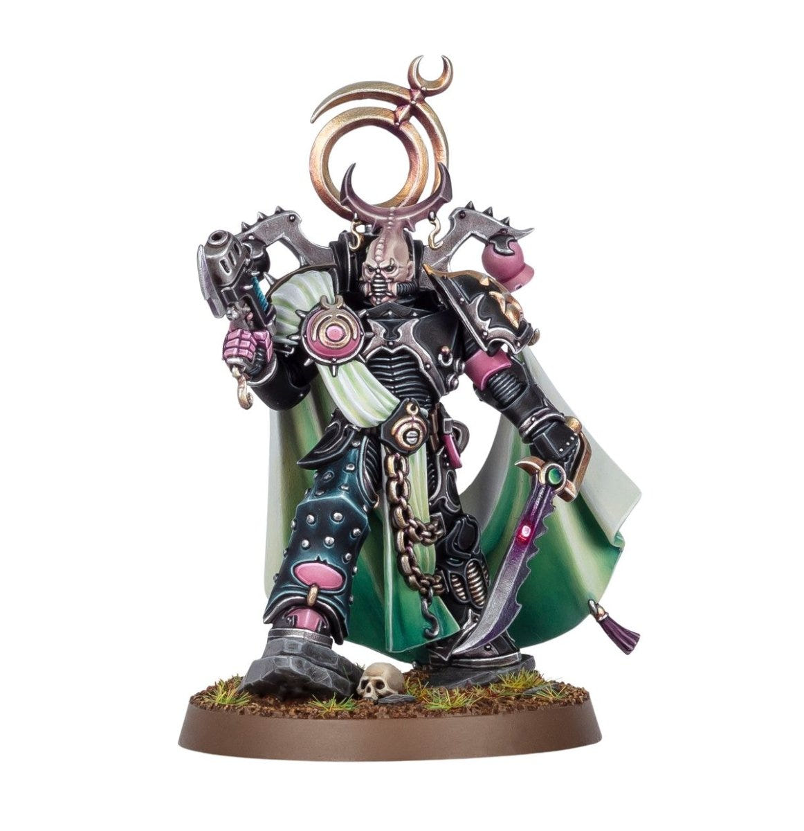 Painted Emperor's Children Lord Exultant in dark armour and green cloak with lash and pistol