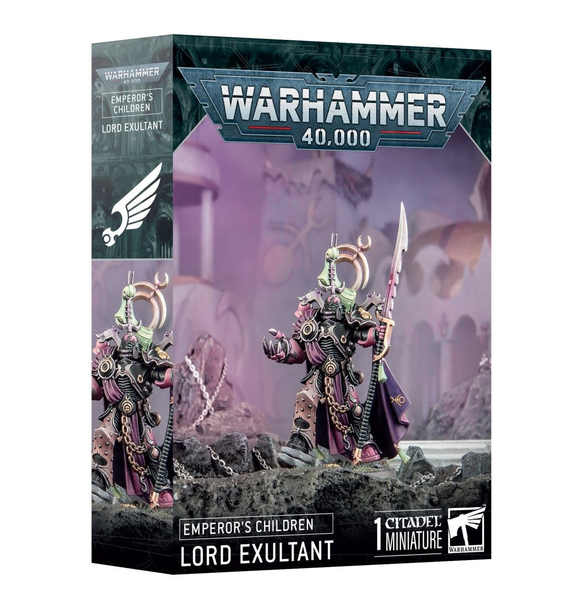 Games Workshop Warhammer 40,000 Emperor's Children Lord Exultant box front with painted miniature