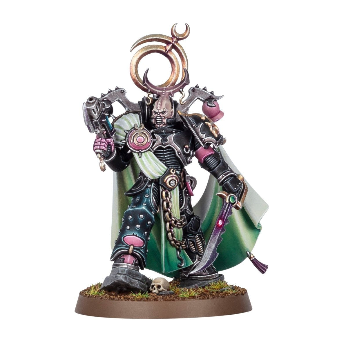 Emperor's Children Lord Exultant with green cloak, rapture lash and pistol, three-quarter front view
