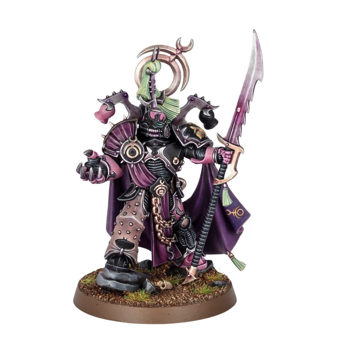 Emperor's Children Lord Exultant painted in purple with power spear, three-quarter front view