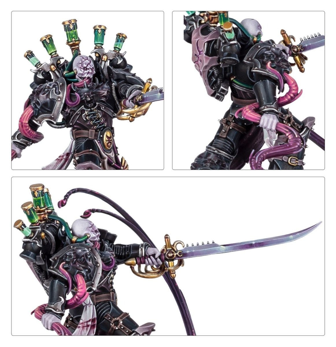 Close-ups of Lucius the Eternal's scarred head, green-topped backpack pipes and the Blade of the Laer