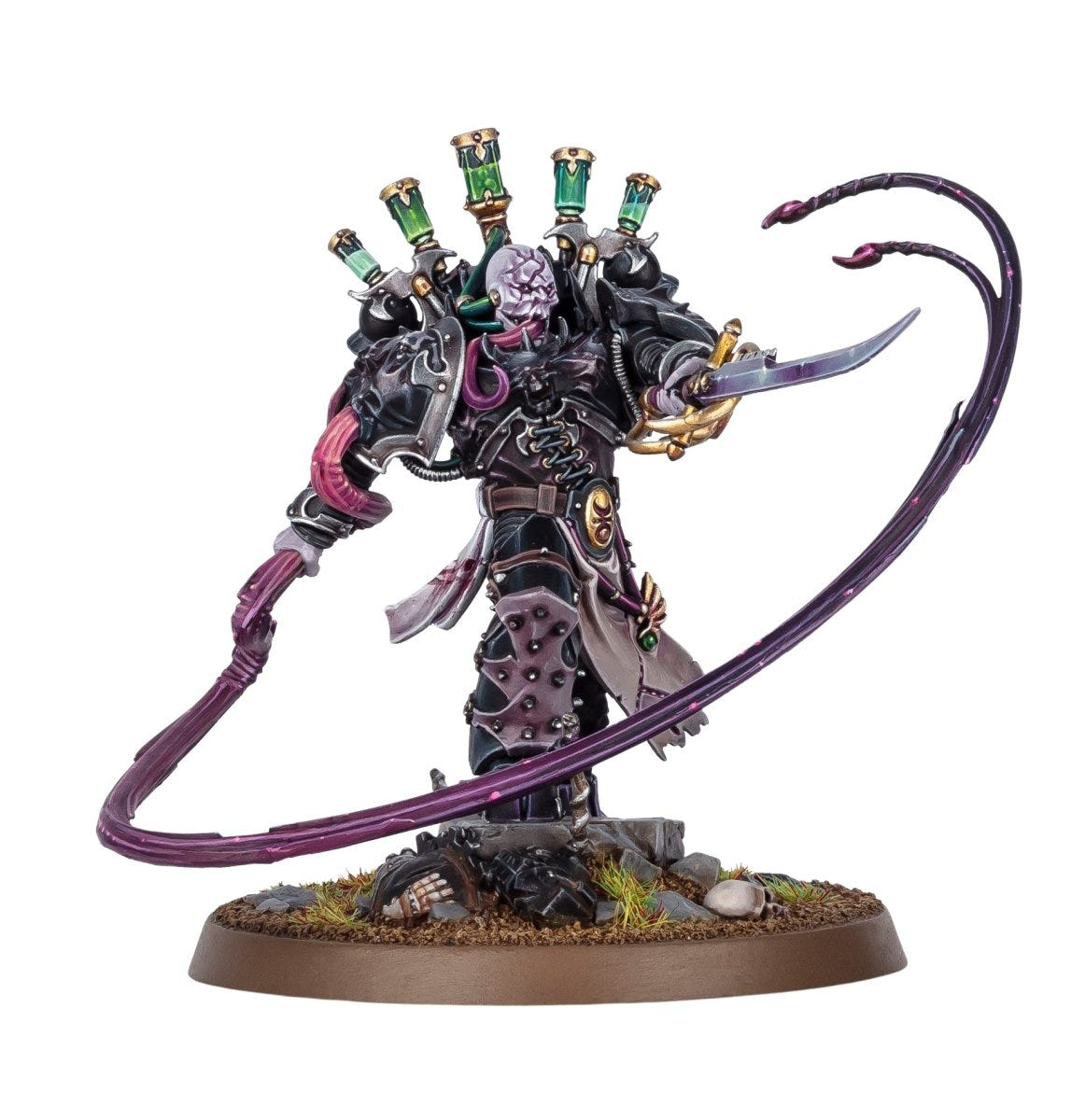 Painted Lucius the Eternal on his 50mm base with the whip coiling around him, full front view