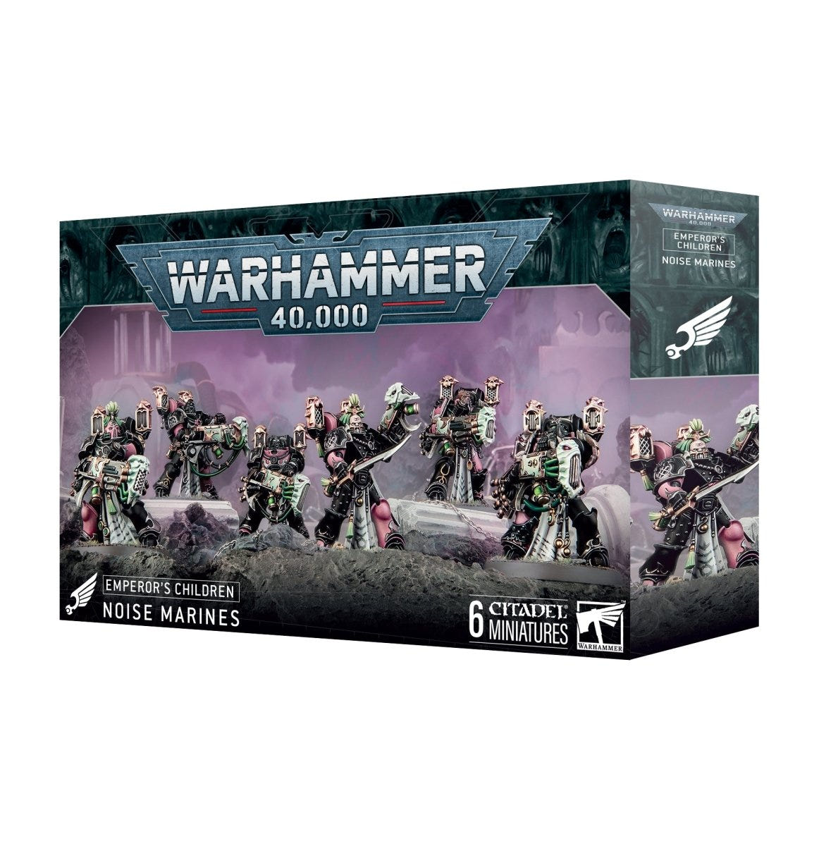 Games Workshop Emperor's Children Noise Marines box front with six pink and black Marines