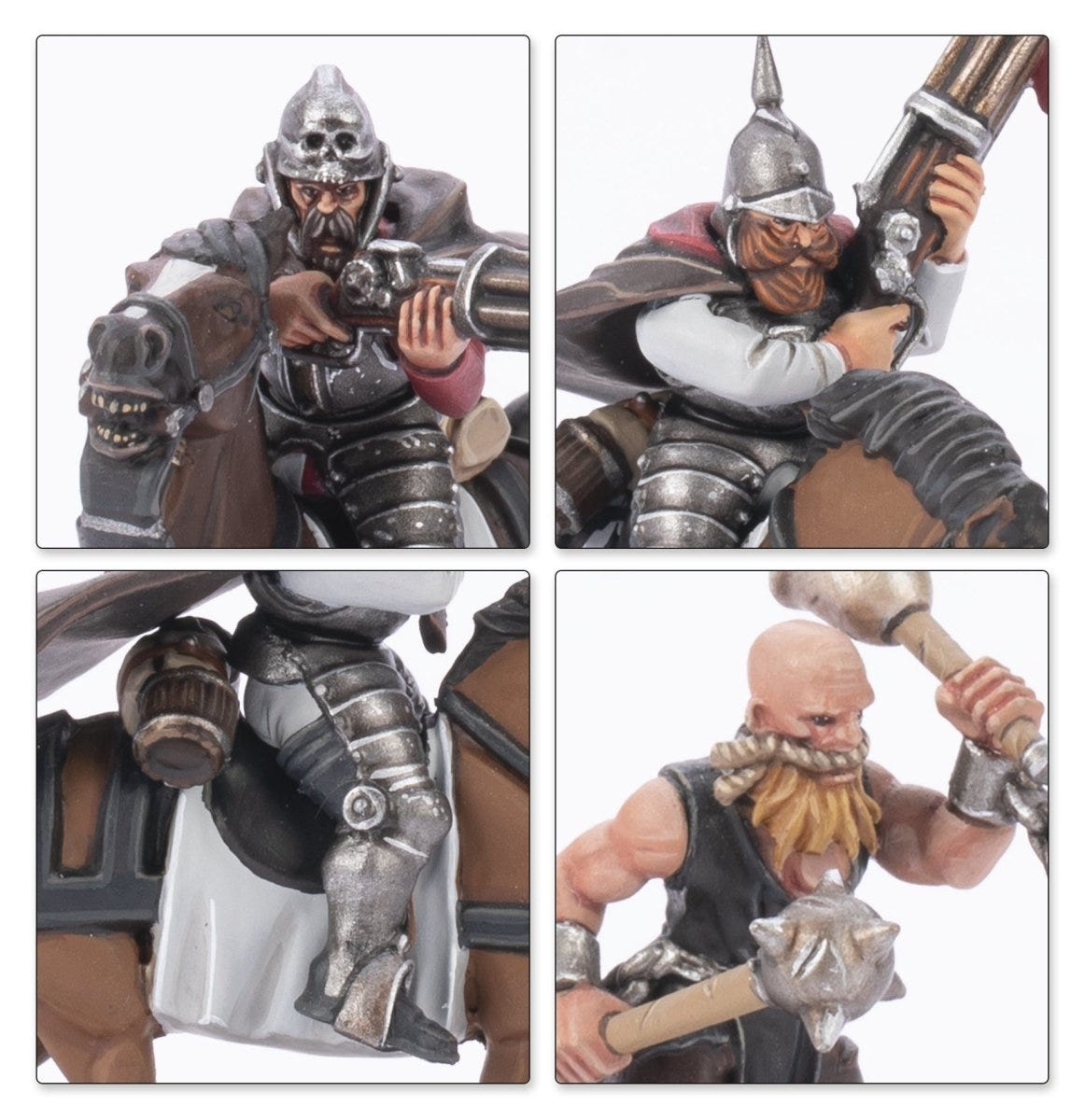 Close-ups of painted Empire Outriders with repeater guns and a bearded Flagellant
