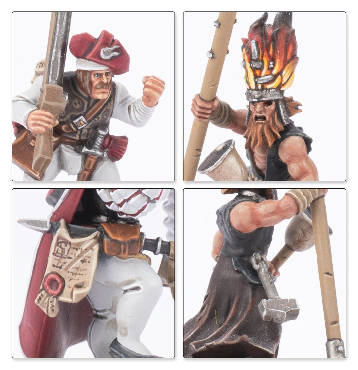 Close-ups of painted Empire of Man soldiers and a Flagellant with burning headgear