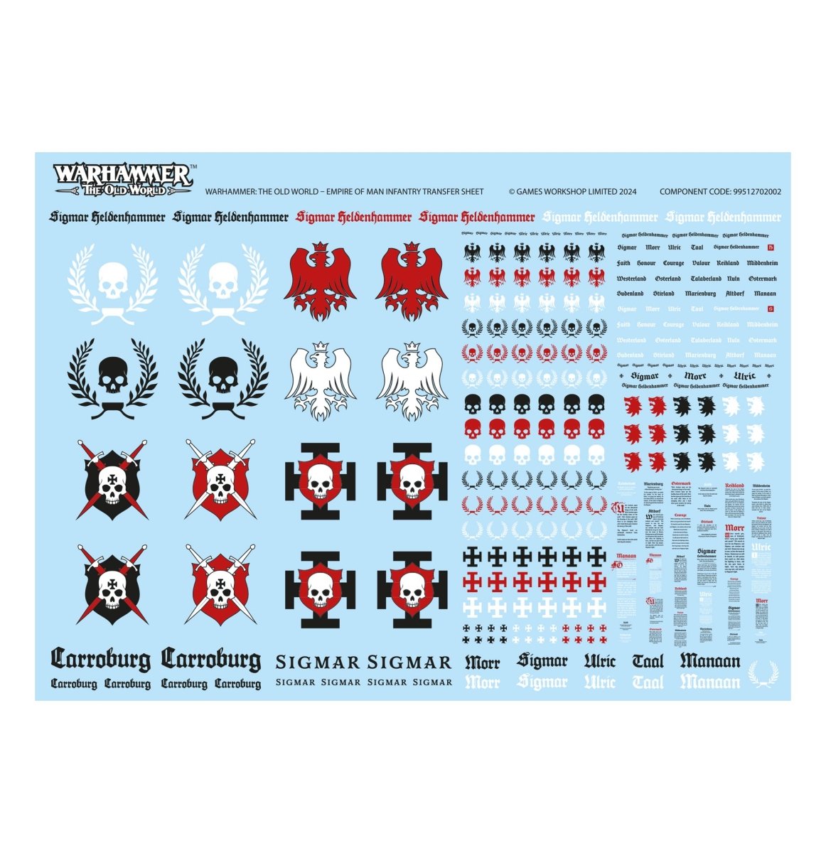 Empire of Man Battle March Army transfer sheet with skulls, eagles and heraldry