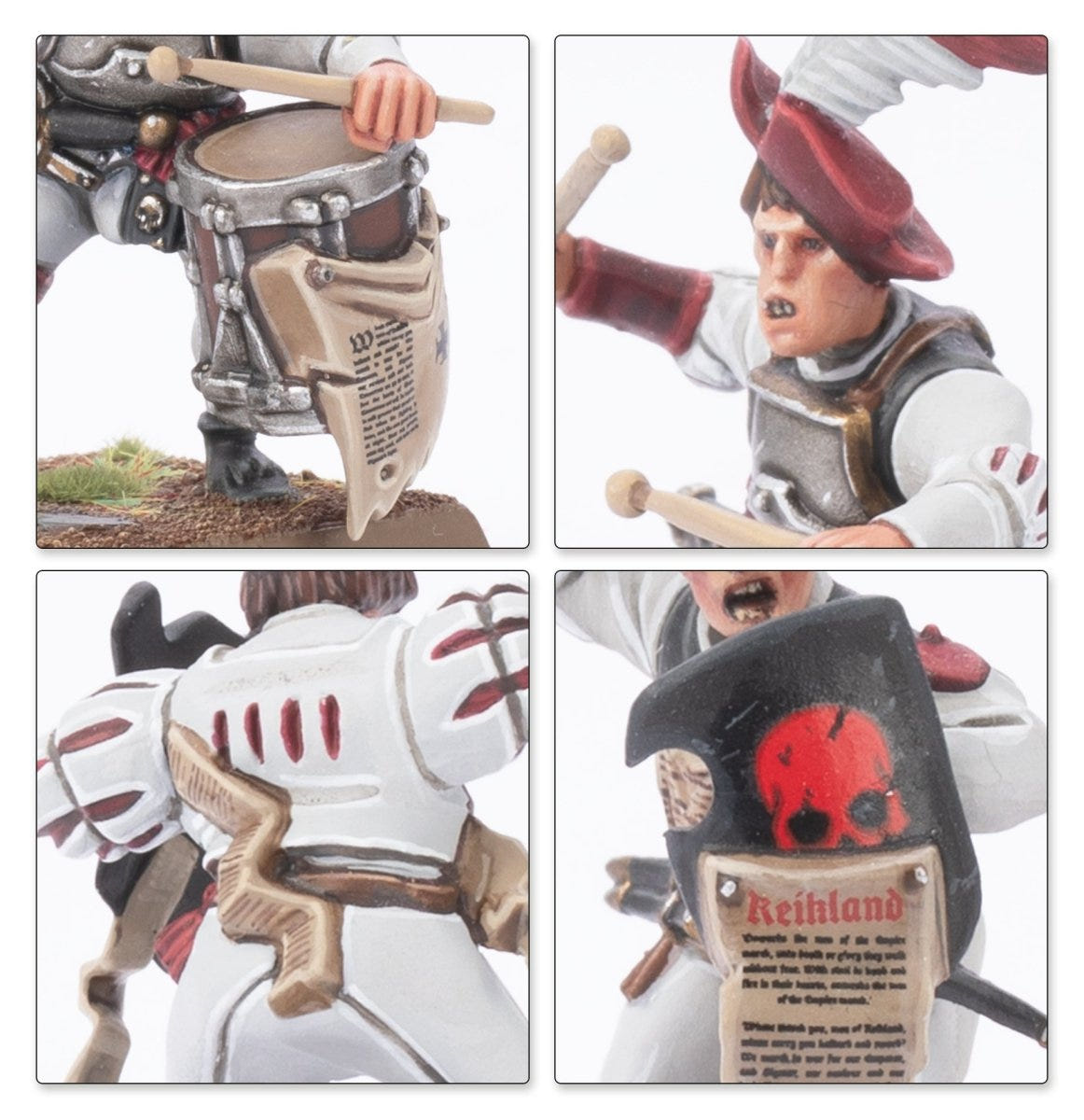 Close-ups of painted Empire musician with drum, soldiers and a Reikland pennant