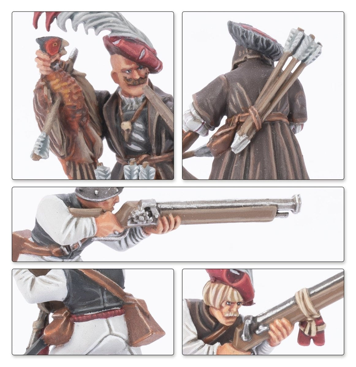 Close-ups of painted Empire of Man handgunners with falcon, quivers and rifles