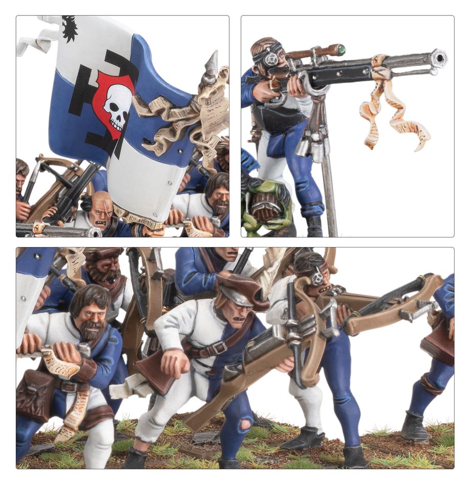 Close-ups of painted State Missile Troops: skull banner, Hochland long rifle and crossbowmen