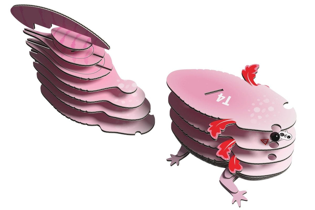 EUGY Axolotl 3D cardboard model kit - exploded view of the numbered layers