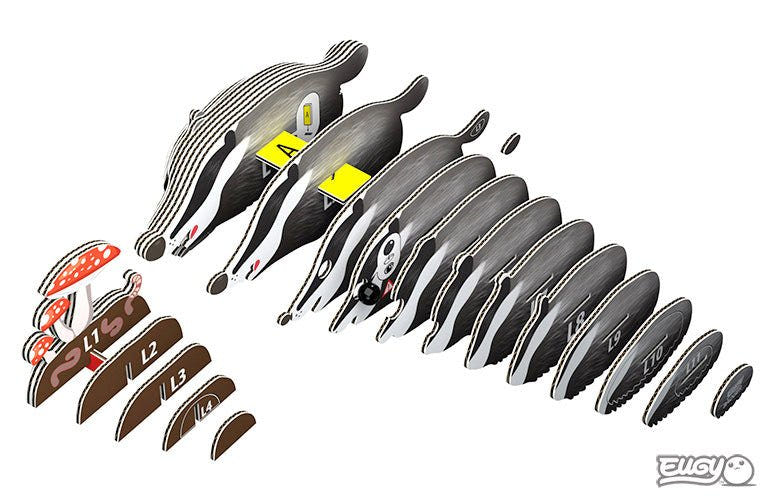 Exploded view of the EUGY Badger numbered card slices and toadstool pieces