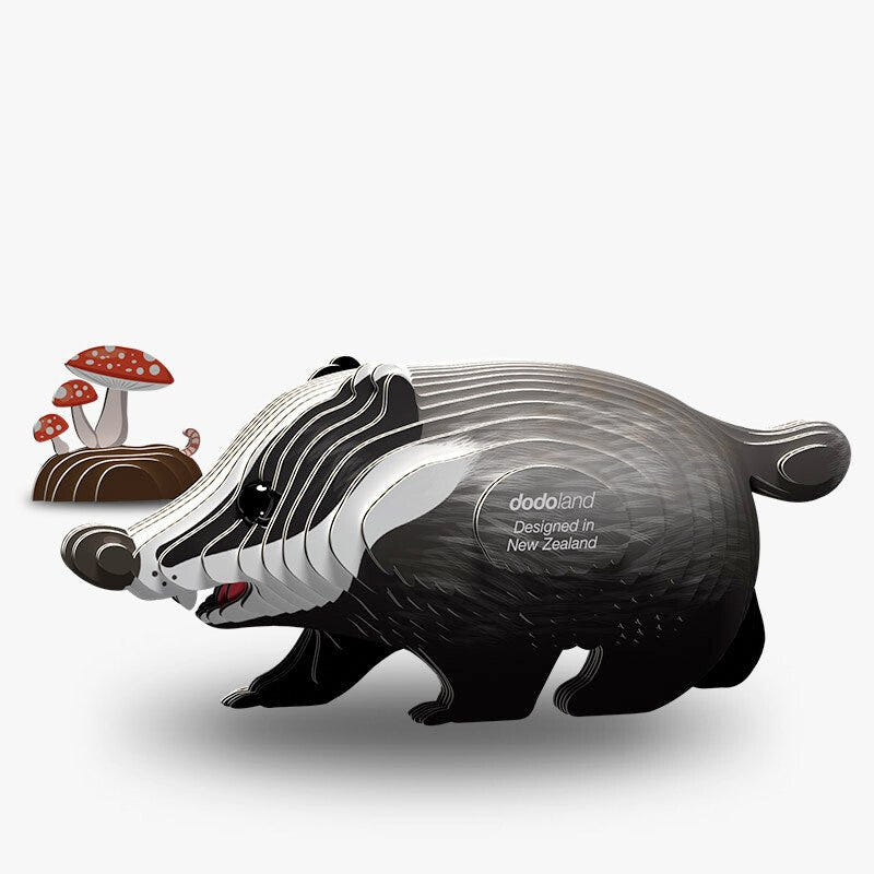EUGY Badger 3D card model kit built, side view beside a card toadstool