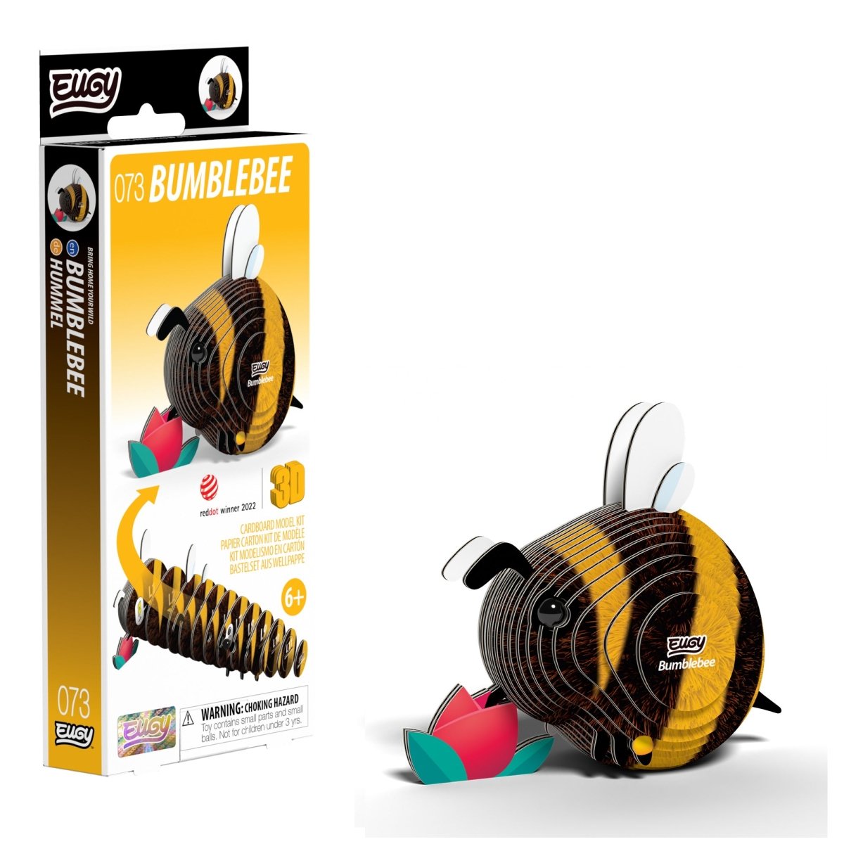 EUGY Bumblebee 3D cardboard model kit - finished model with its box