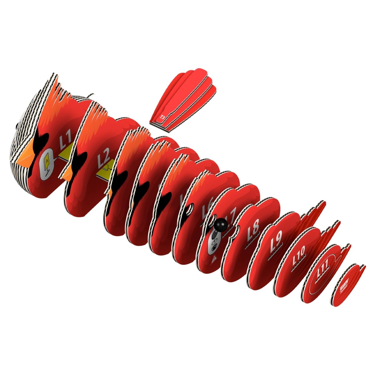 EUGY Cardinal 3D cardboard model kit - exploded view of the numbered layers