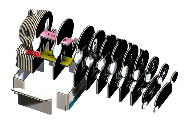 Exploded view of the EUGY Tuxedo Cat's card layers showing how the slices fit together