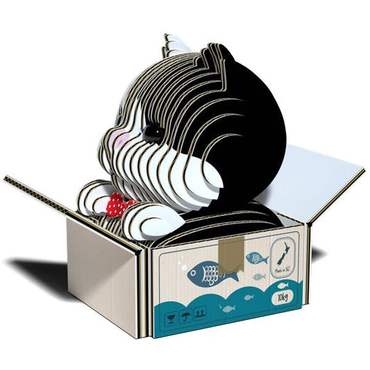Built EUGY Tuxedo Cat card model, black and white cat with red bow tie sitting in a box