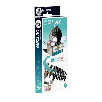 EUGY Cat Tuxedo 3D card model kit packaging, front view