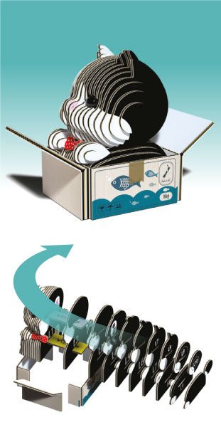 EUGY Tuxedo Cat finished model above an exploded view of its numbered card slices