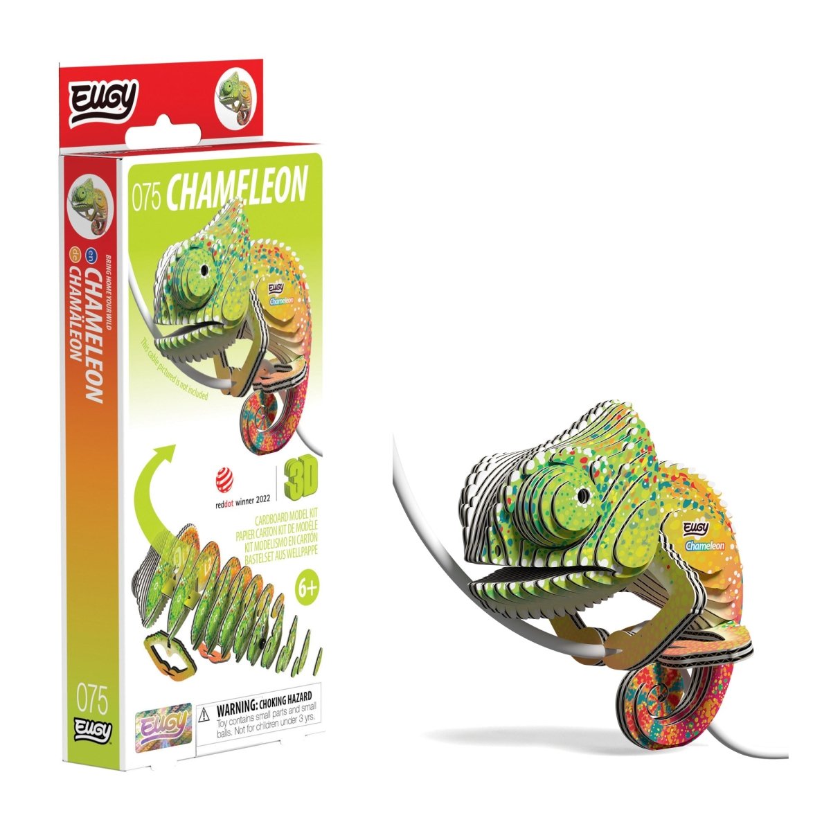 EUGY Chameleon 3D cardboard model kit - finished model with its box