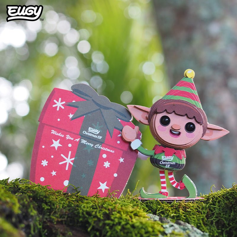 EUGY Christmas Elf 3D cardboard model kit - built model on display