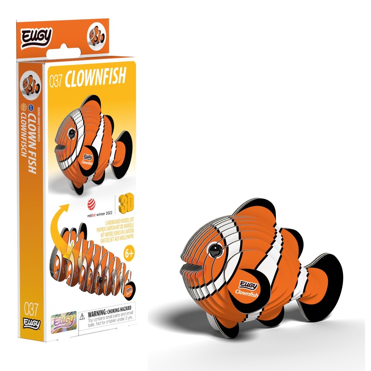 EUGY Clownfish 3D cardboard model kit - finished model with its box