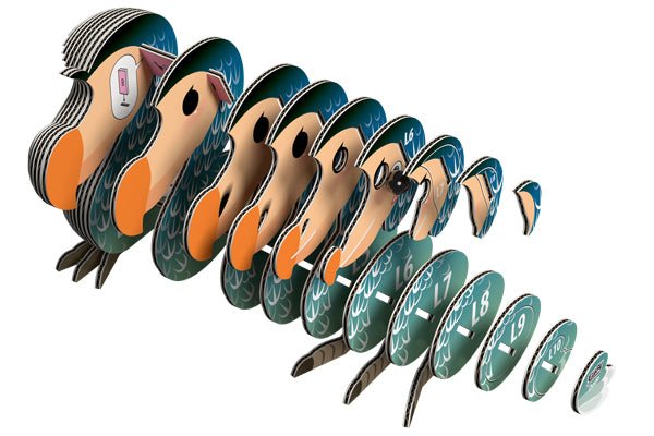 Exploded view of the EUGY Dodo numbered card slices in assembly order