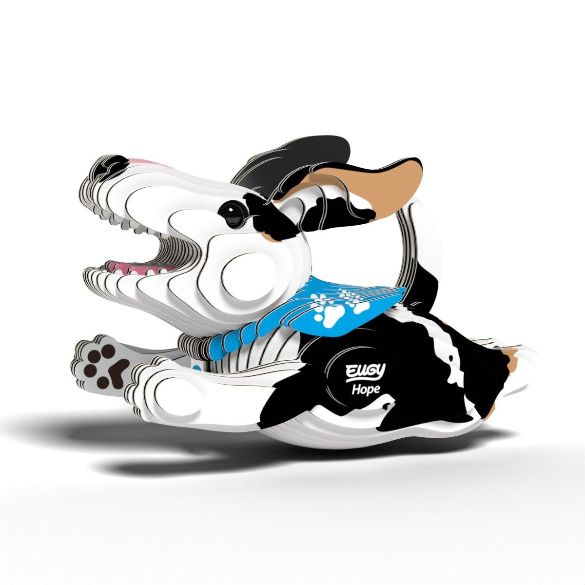 EUGY Hope 3D cardboard dog model, fully built, black and white with blue bandana