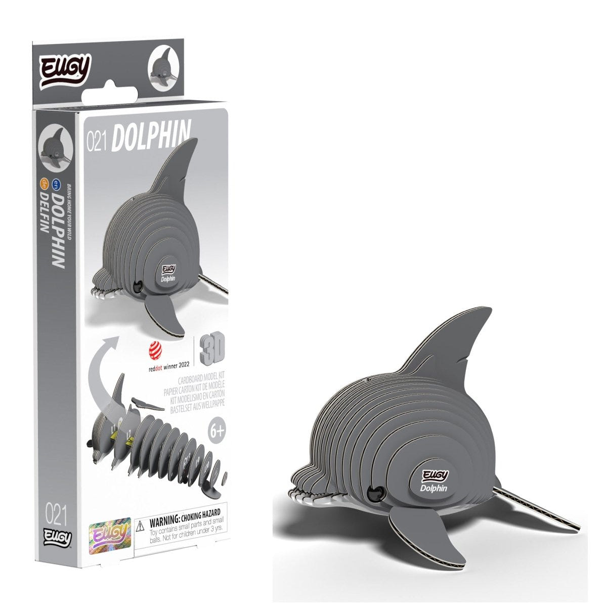 EUGY Dolphin 3D cardboard model kit - finished model with its box