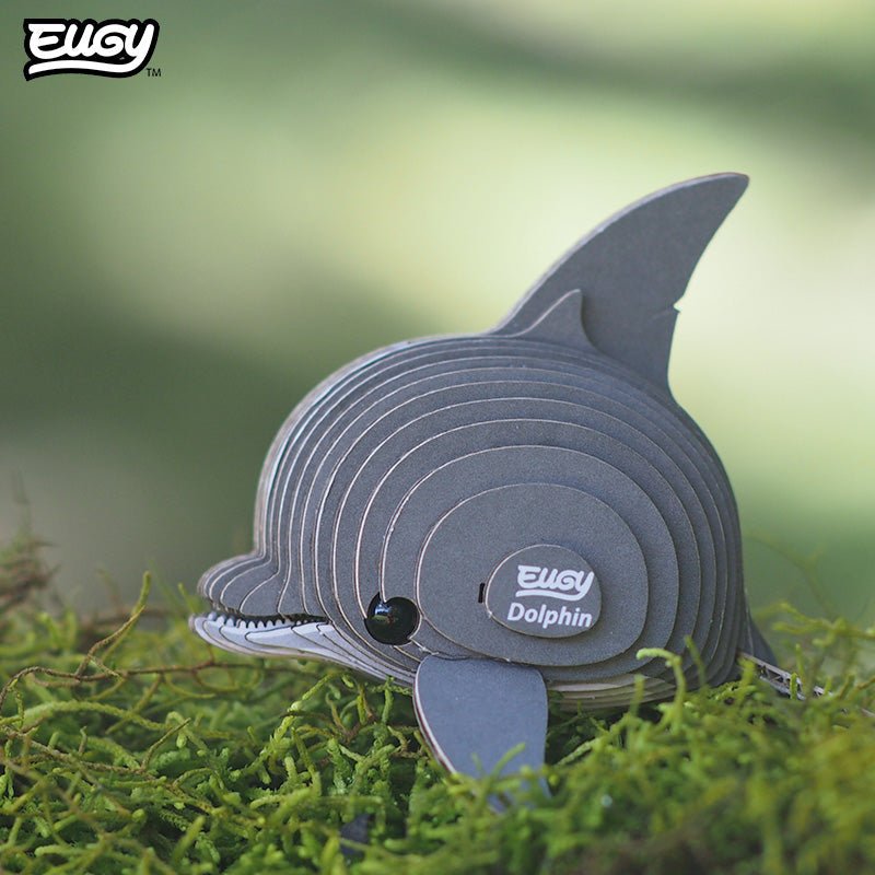 EUGY Dolphin 3D cardboard model kit - built model on display