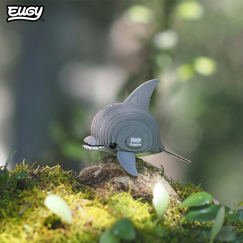 EUGY Dolphin 3D cardboard model kit - built model on display