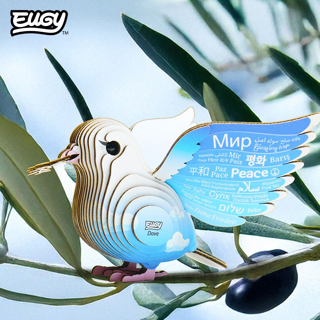 EUGY Dove 3D cardboard model kit - built model on display