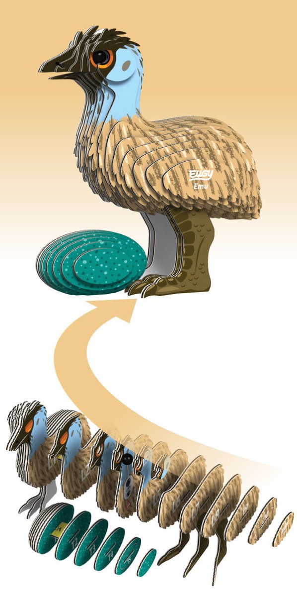 EUGY Emu build diagram showing numbered card slices assembling into the finished emu