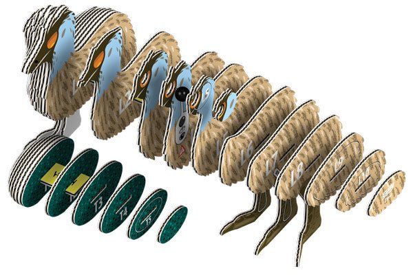 Exploded view of the EUGY Emu card slices laid out in build order, with egg pieces