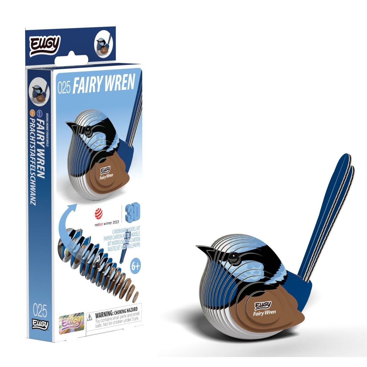 EUGY Fairy Wren 3D cardboard model kit - finished model with its box
