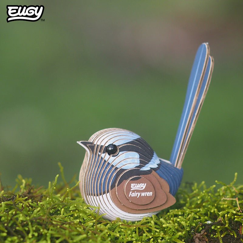 EUGY Fairy Wren 3D cardboard model kit - built model on display