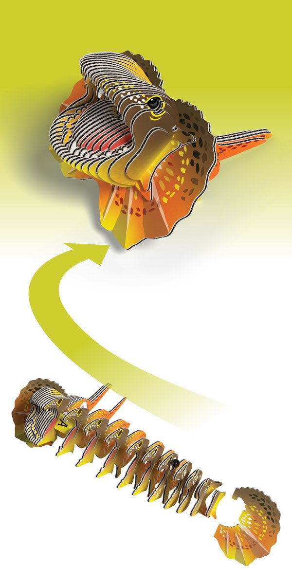 EUGY Frilled Lizard shown flat in its slice sequence and then built up into the finished model