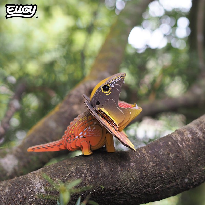 EUGY Frilled Lizard 3D cardboard model kit - built model on display