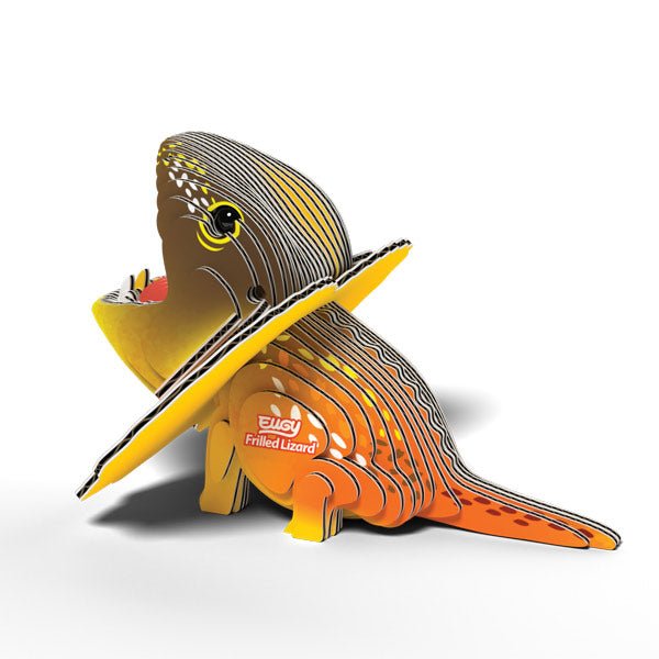 EUGY Frilled Lizard layered card model, side angle showing the stacked card slices