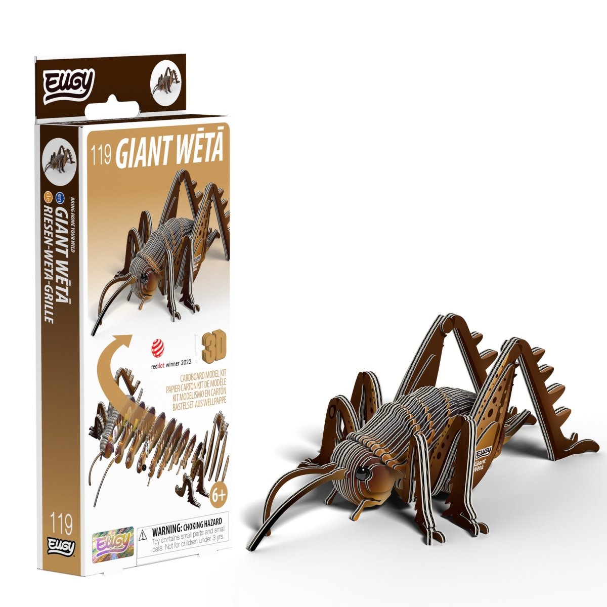 EUGY Giant Weta 3D cardboard model kit - finished model with its box