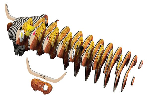 Exploded view of the numbered card slices and horns that build the EUGY Highland Cow
