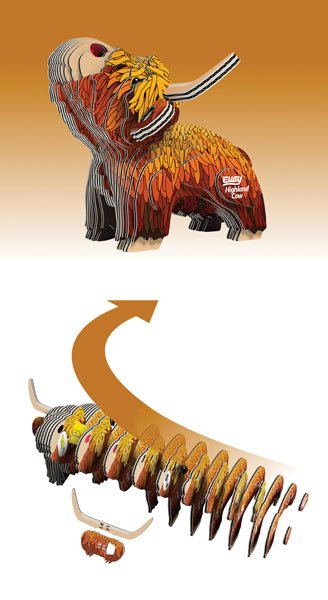 EUGY Highland Cow finished model above its numbered card slices showing assembly order