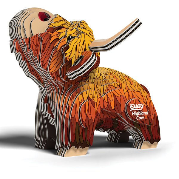 Built EUGY Highland Cow 3D card model with shaggy orange fringe and curved horns