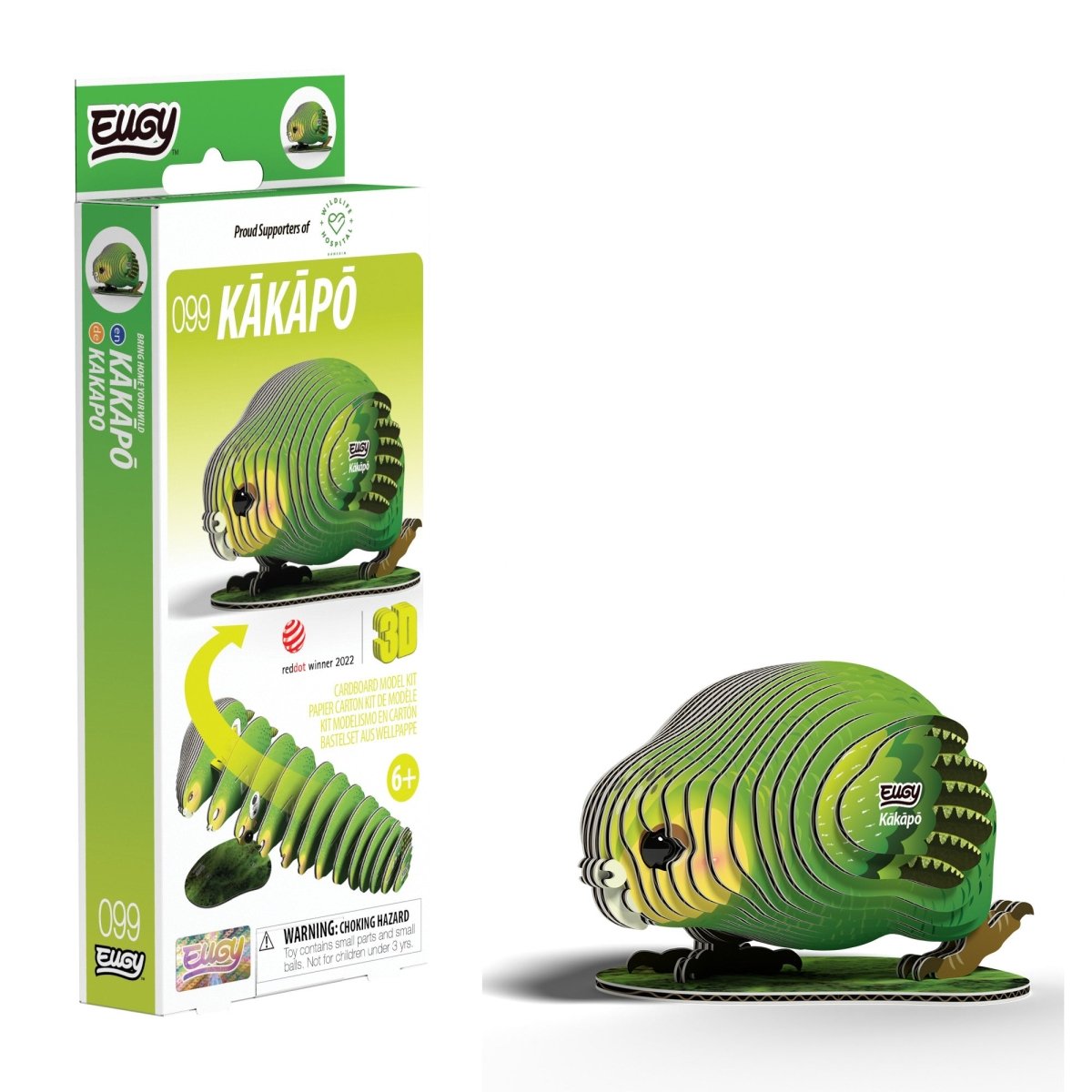 EUGY Kakapo 3D cardboard model kit - finished model with its box