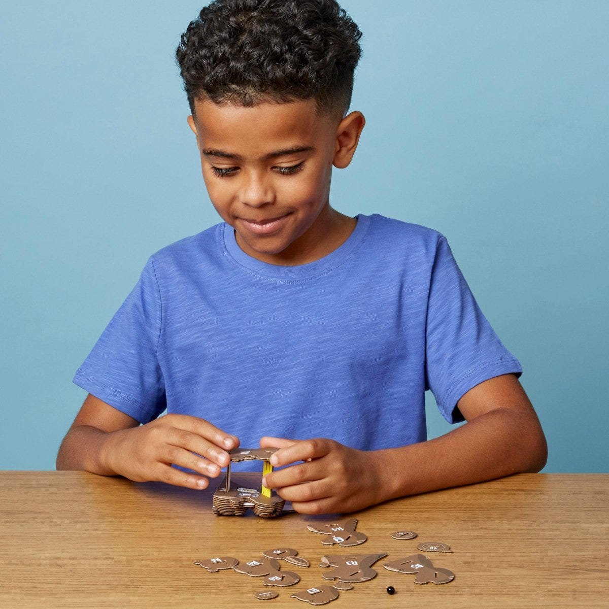 EUGY Kangaroo 3D cardboard model kit - child assembling the model