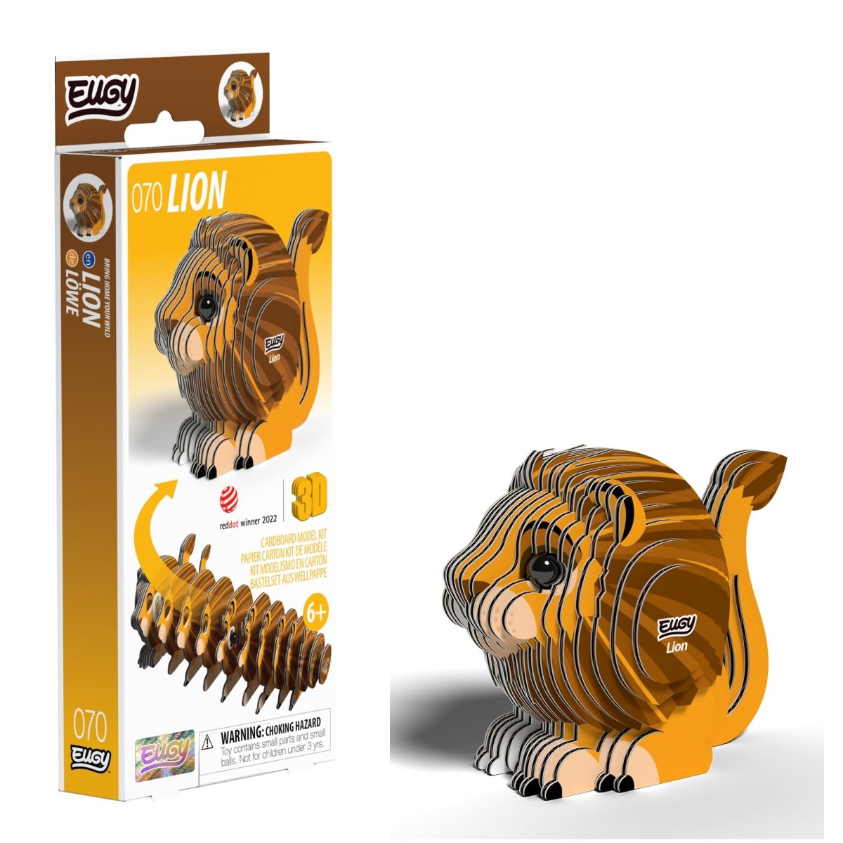 EUGY Lion 3D cardboard model kit - finished model with its box