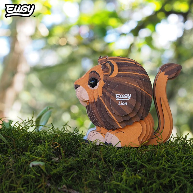 EUGY Lion 3D cardboard model kit - built model on display